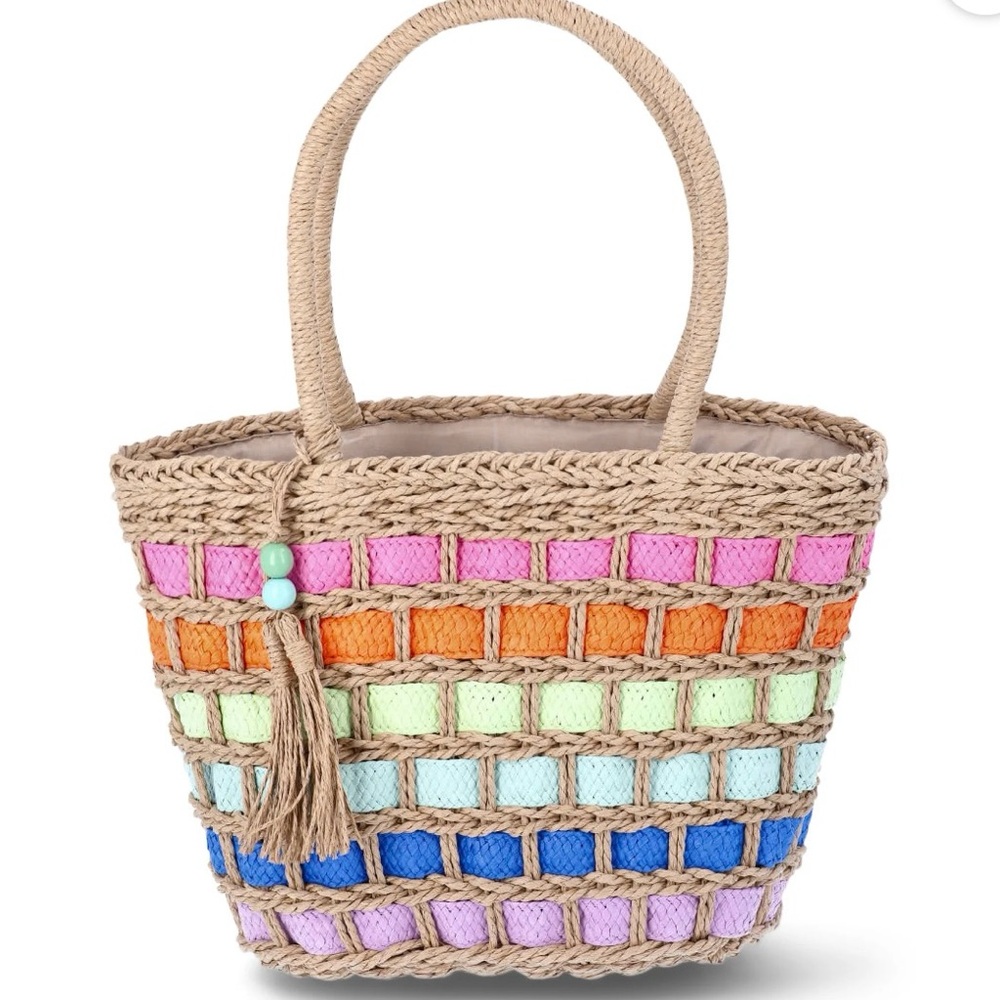 No Boundaries Festival Straw Top Handle Rainbow Bag NWT